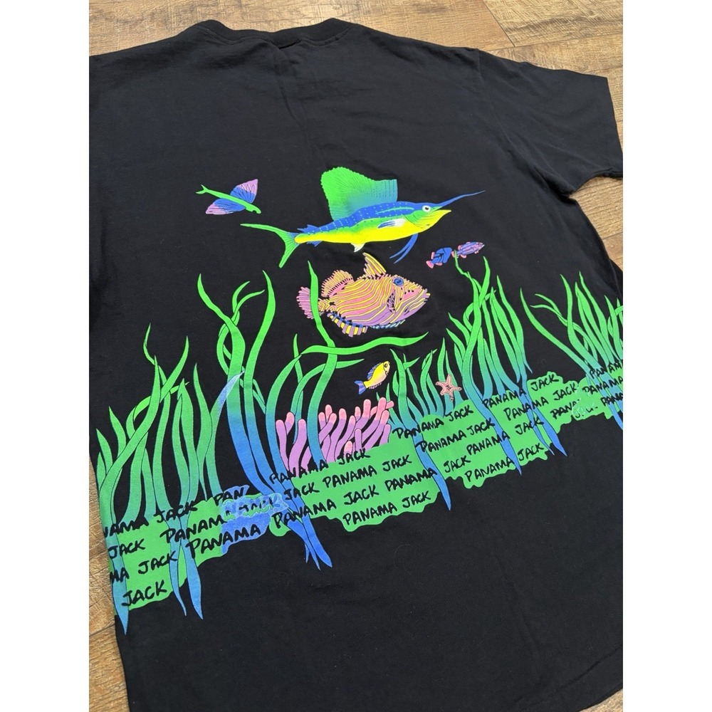 Vintage 80s 90s Panama Jack AOP Neon Fish Tee Made In USA Black XL Single Stitch - Picture 8 of 10